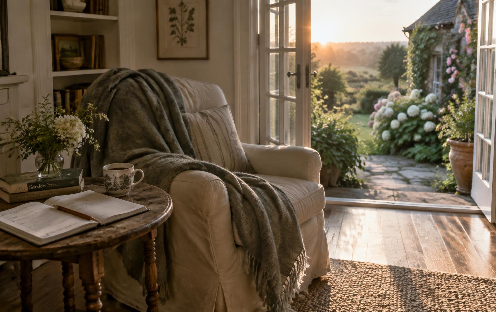 Open French doors at dawn looking onto a garden, with an armchair and a planner on the side table